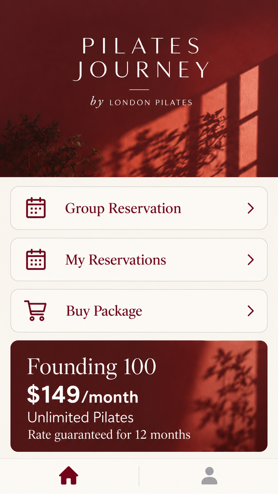 Pilates Journey app home design, showing Group Reservation, My Reservations and Buy Package